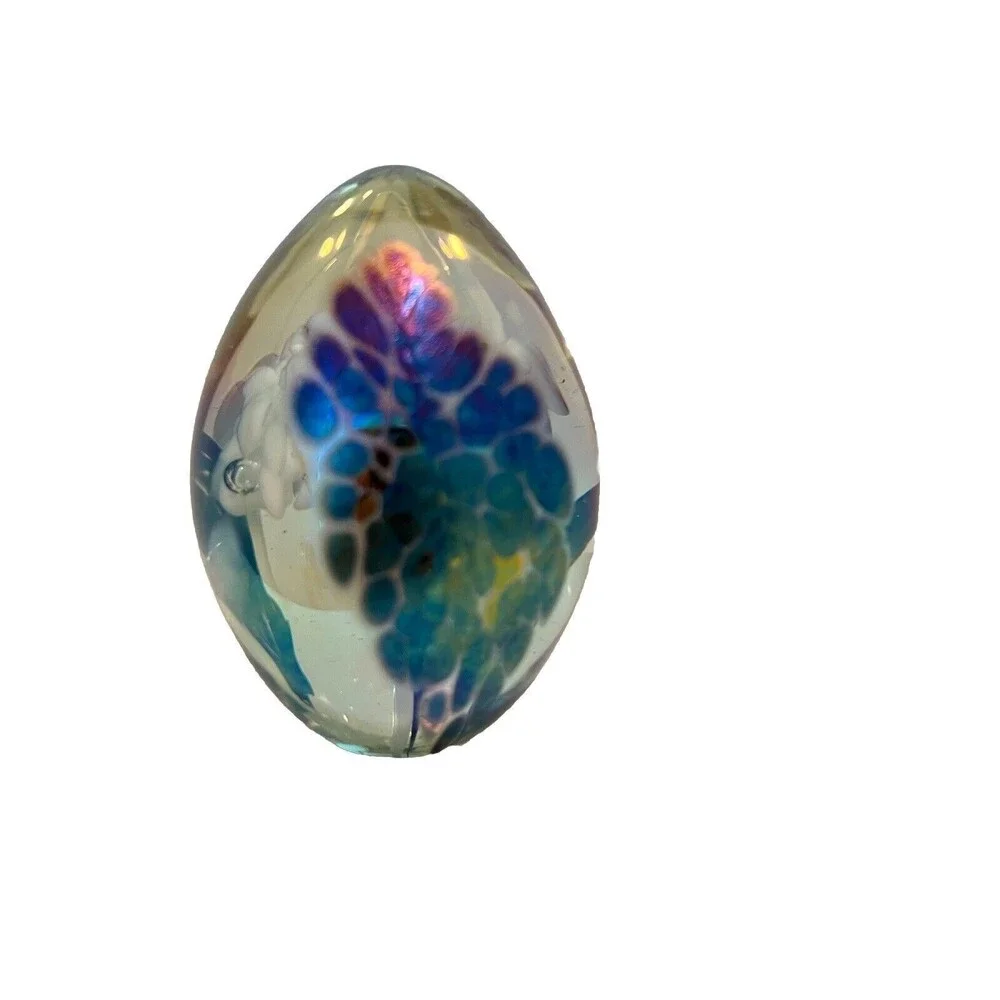 Vintage Metallic Multi Colored Swirl Egg Paperweight White Trumpet Flower
